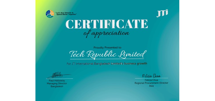 Tech Republic Limited get a appreciation certificate from JTI